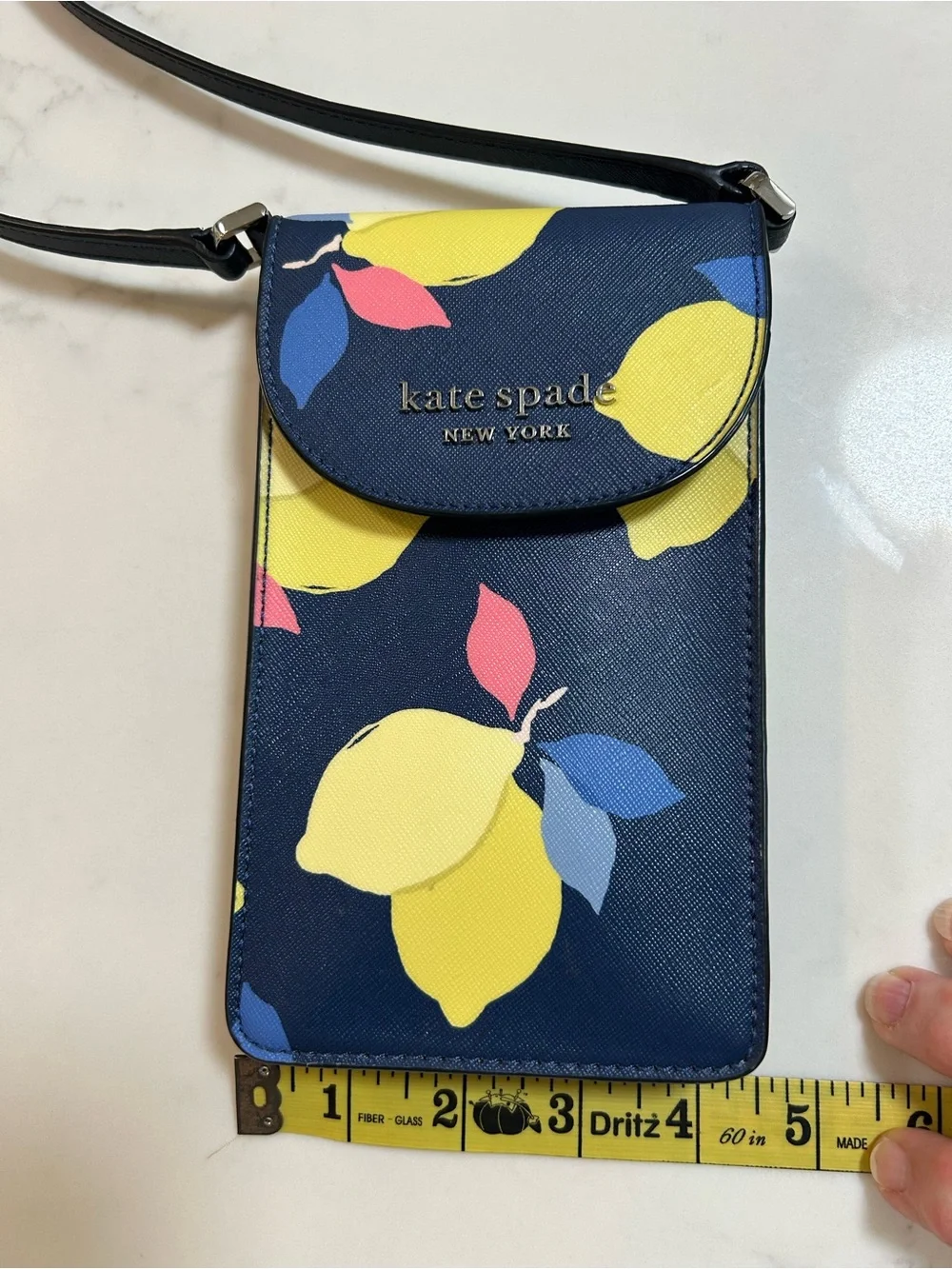kate spade navy lemon print crossbody with pink and blue accents